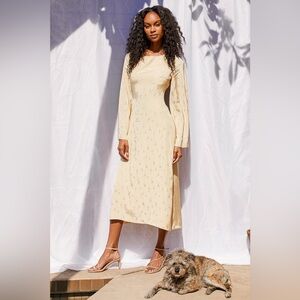 Truly Angelic Yellow Jacquard Long Sleeve Backless Midi Dress